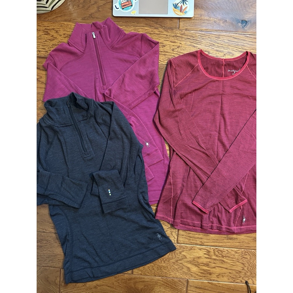 Lot of 3 Smartwool Womens S 100% Merino Wool Long Sleeve Base Layer Tops 1/4 Zip